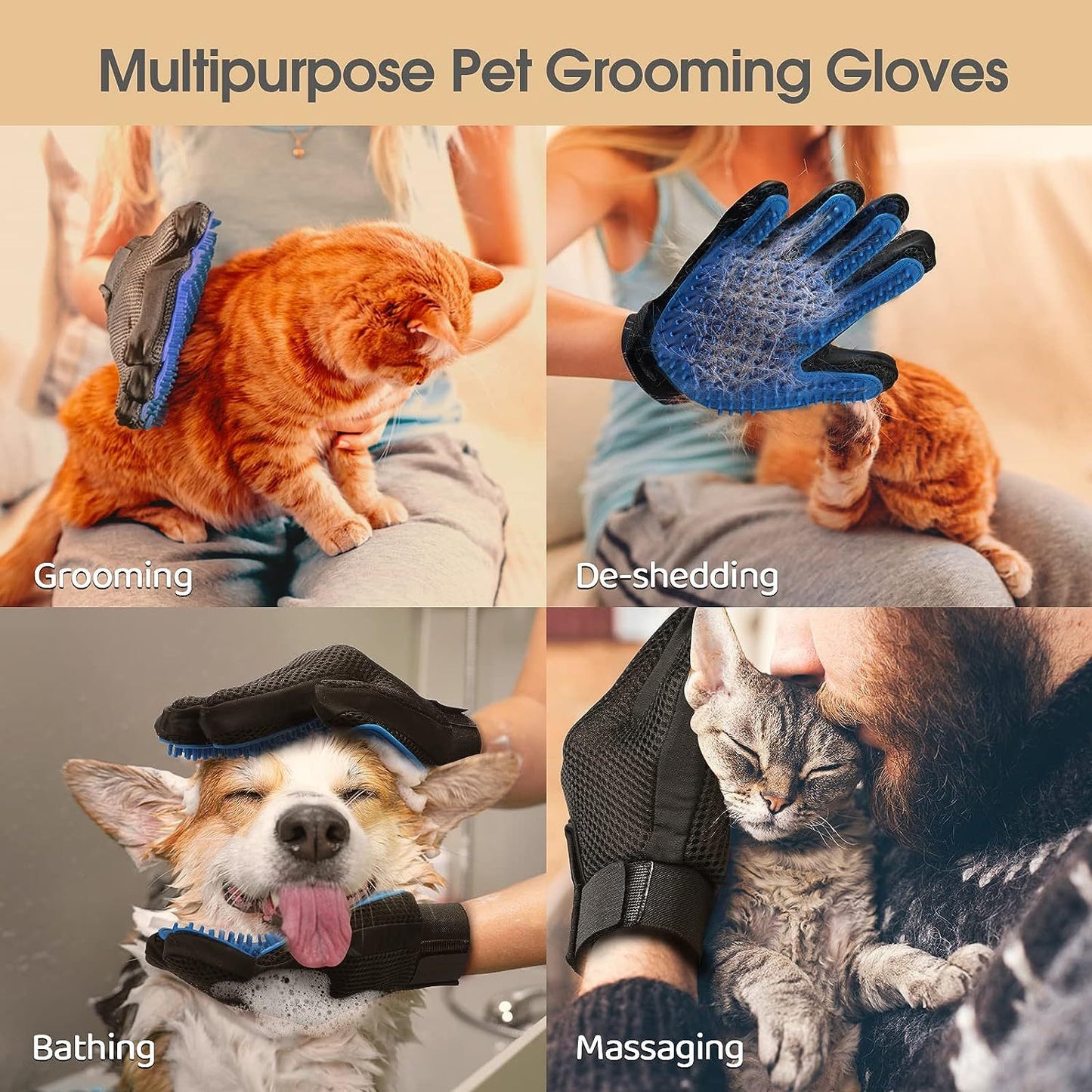 Pet Grooming Gloves - For Cats & Dogs Brush For Gentle Shedding & Efficient Pet Hair Remover.